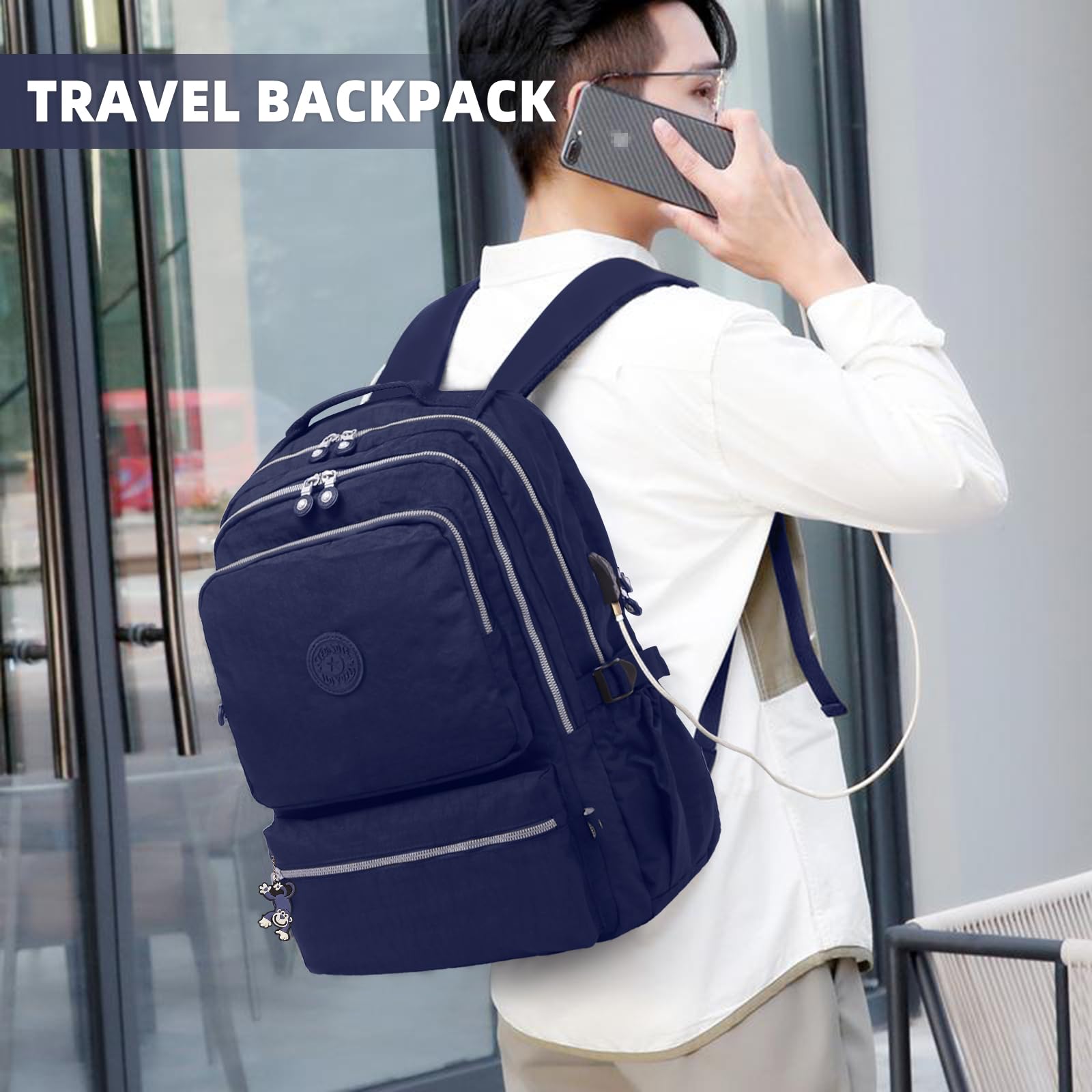 Zaini da viaggio multifunzione in nylon per laptop zaino casual resistente all'acqua con porta di ricarica USB per uomo donna escursionismo campeggio ciclismo Packback Daypack - blu navy, Blu