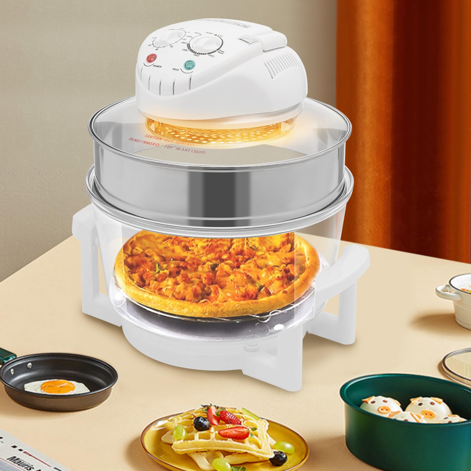 Air Fryer 17.96Qt 1200W Glass Air Fryer Non Toxic 360° Viewable Airy Fryer with Expansion Ring, Adjustable Temp 0?-250?(32?-482?), 60 Min Timer, Ideal for French Fries, Chicken, White Silver Clear