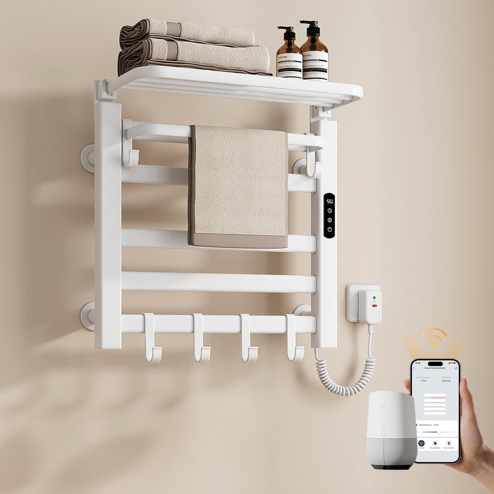 EMKE Radiateur de salle de bain électrique 50 x 50 cm, 140 W, avec contrôle par application Wi-Fi, radiateur sèche-serviettes en fibre de carbone avec étagère pliable et 6 crochets, IPX5 résistant aux