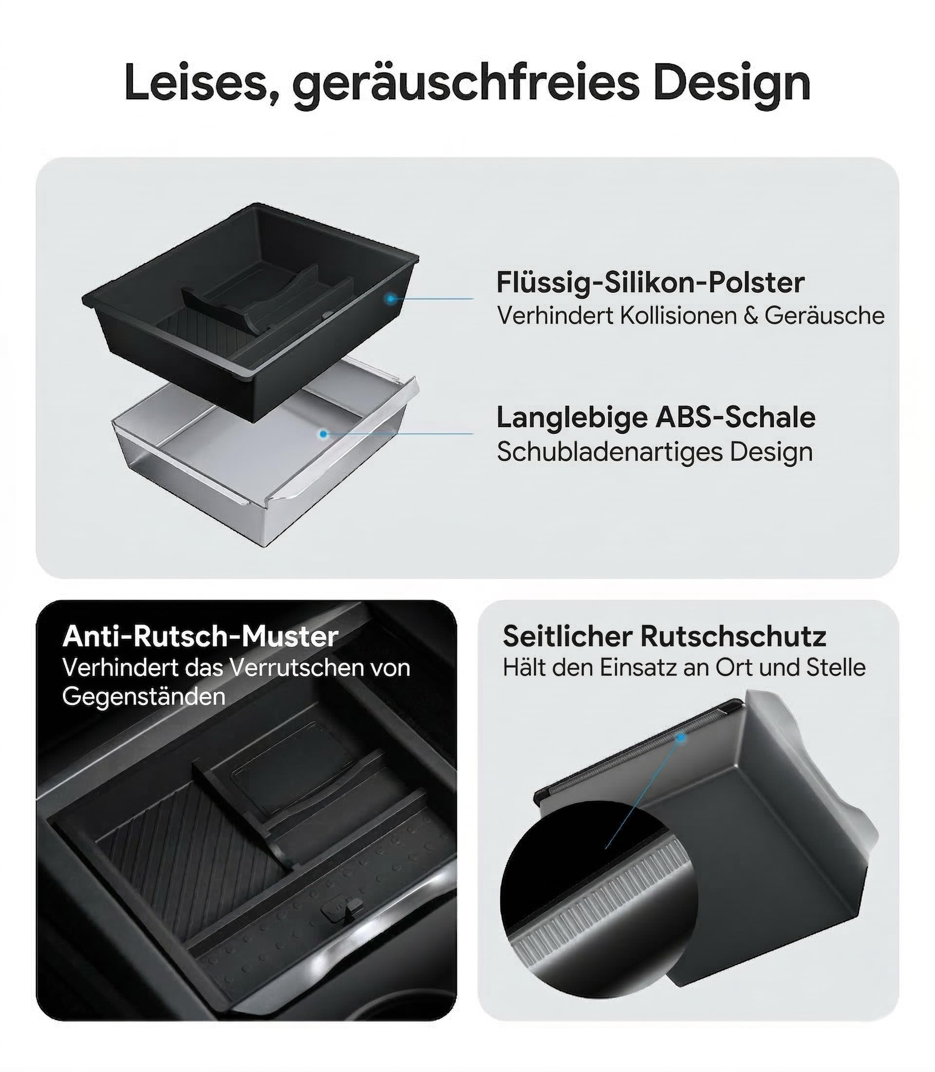 Wigoo Mittelkonsole-Organizer für Tesla Model Y Juniper (nur Premium & Performance 2025–2026) und alle Model 3 Highland Zubehörteile [Doppellagiger Stauraum, sanftes Gleiten], 4-teilig, Schwarz