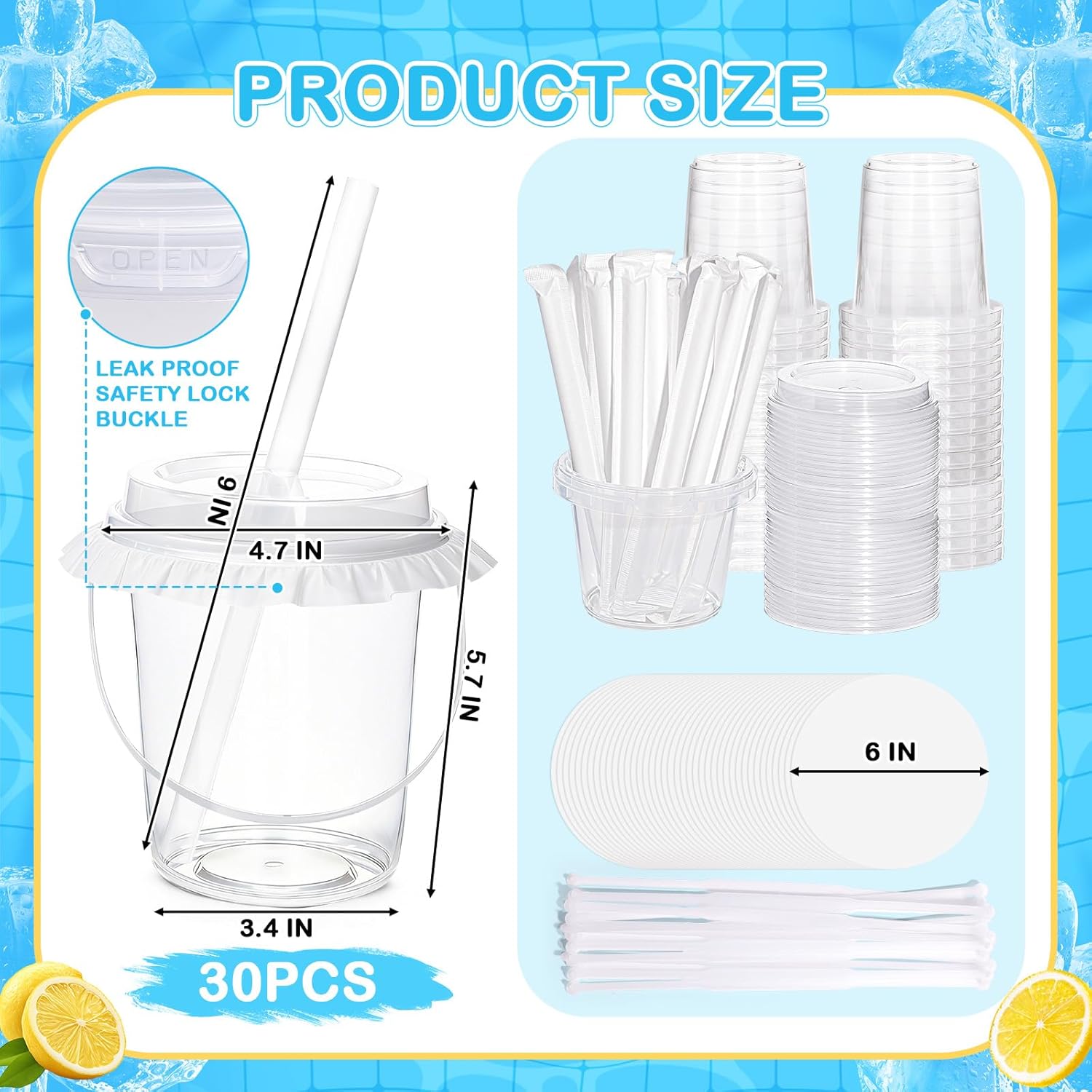 30Set 32OZ Clear Plastic Cups with Lid and Straw, Reusable Beverage Bucket with Handle & Seal Paper for Ice Cream, Iced Coffee, Smoothie, Sturdy Food Safe Party Cups for Birthday, Picnic, Beach Party