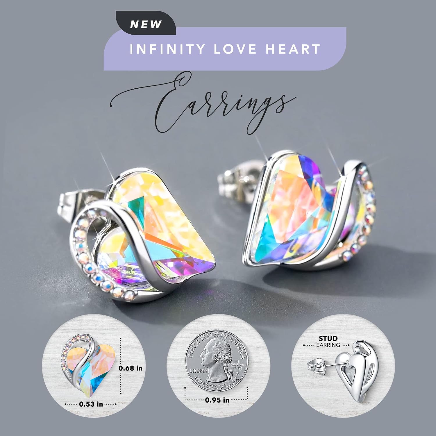 Leafael Infinity Love Heart Stud Earrings for Women, Birthstone and Healing Stone, Gifts for Mom, Wife, and Her, Silver Plated