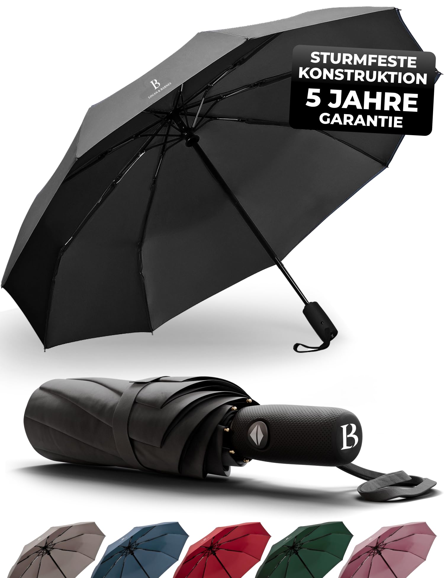 LOGAN & BARNES Regenschirm sturmfest bis 140 km/h - Taschenschirm mit zertifizierter Teflon-Beschichtung gegen Feuchtigkeitsschäden Modell Boston
