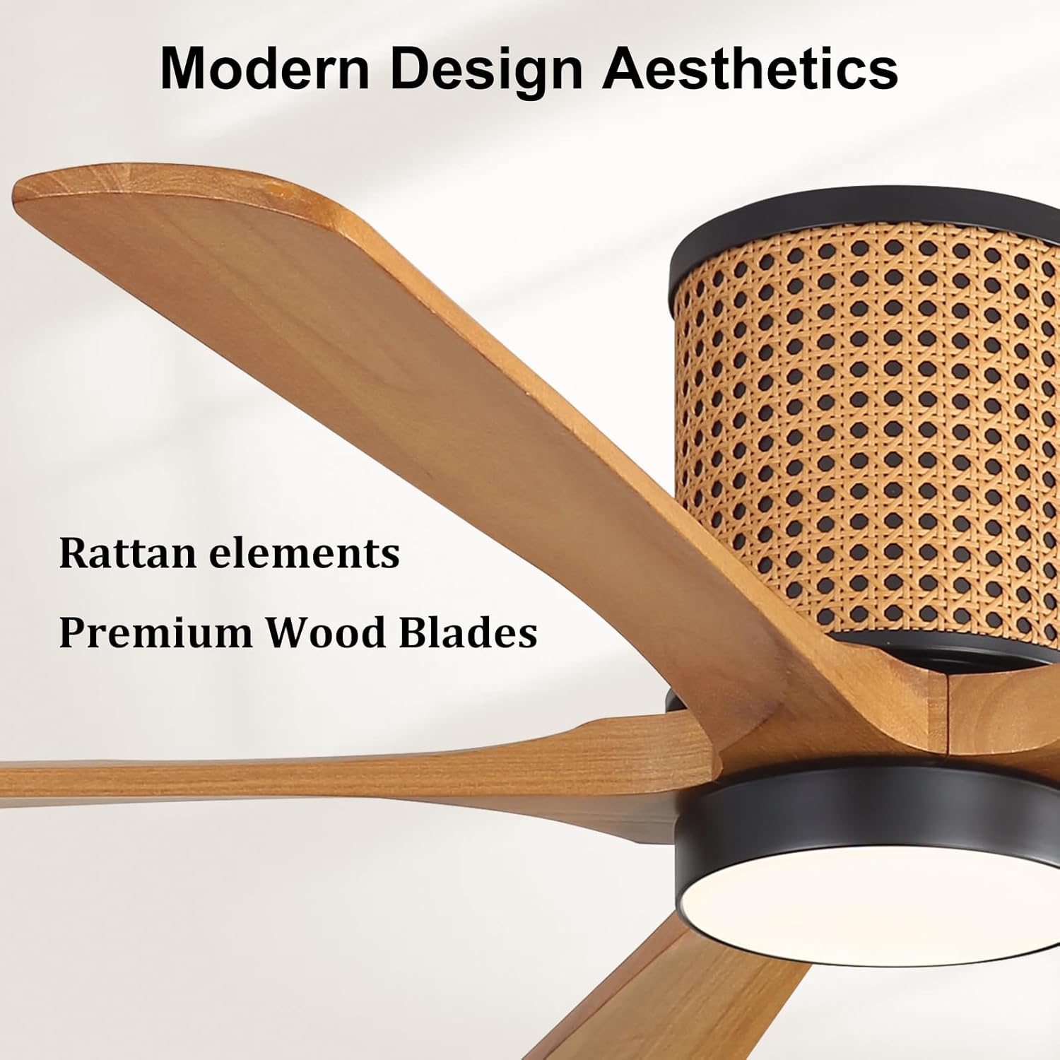 WINGBO 54 inch Flush Mount Ceiling Fan, Modern Ceiling Fan with Lights,3CCT&Dimmable LED,5 Wood Blades, Quiet 6-Speed DC Motor Low Profile Ceiling Fan with Remote, ETL Listed, Black + Beechwood