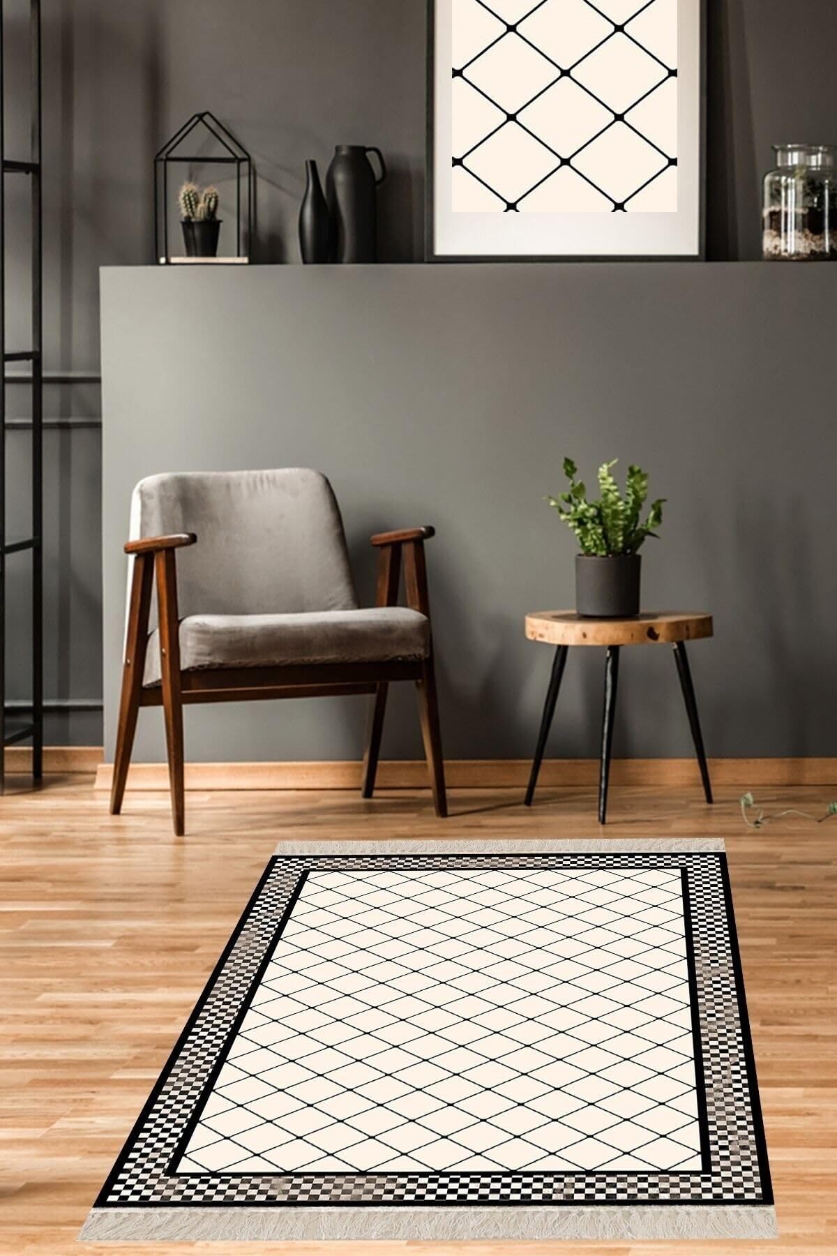 Pelangi Geometrik Desenli Dijital Baskı Yıkanabilir Kaymaz Taban Etnik Modern Desen Salon Halı, Bej-Siyah 130 x 180
