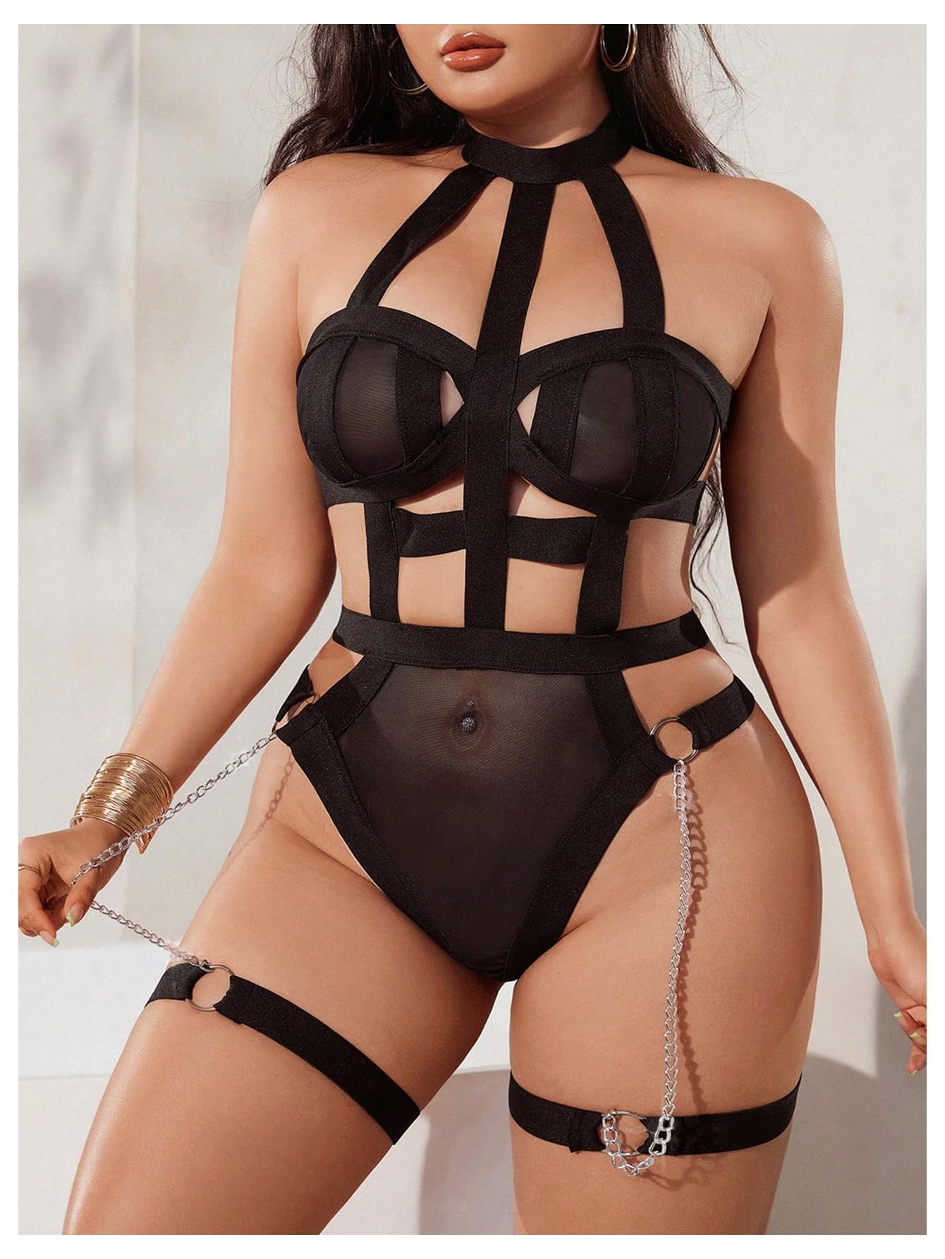 OYOANGLE Women's Plus Size Strappy Harness Cut Out Halter Teddy Bodysuits Garter Babydoll Lingerie Black 4XL