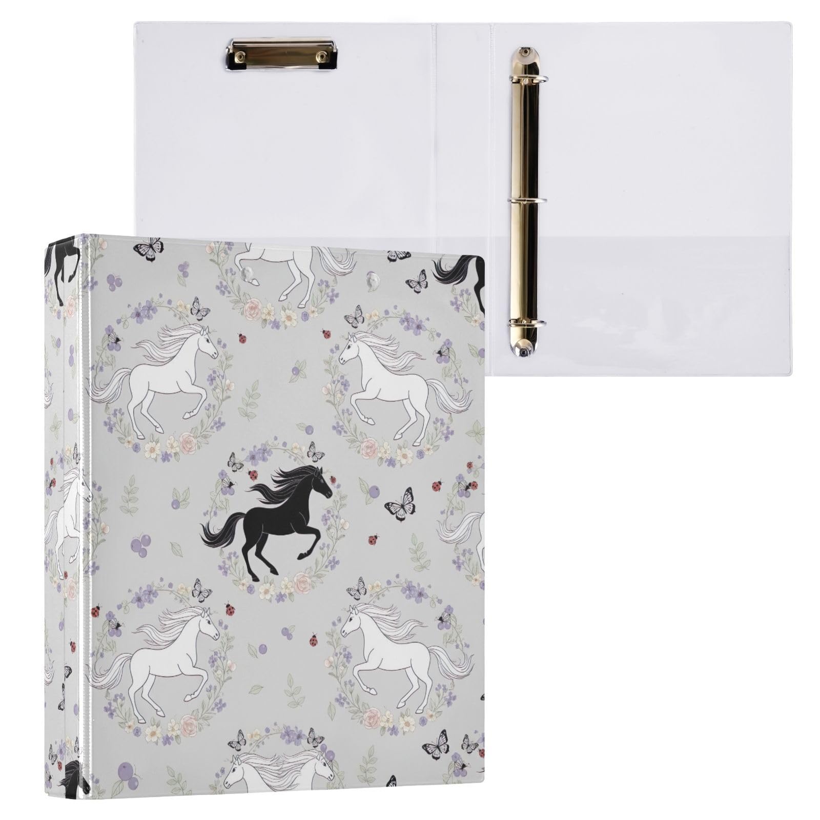 Raccoglitore a 3 anelli con motivo floreale e cavalli bianchi e neri, 3,8 cm, confezione da 2