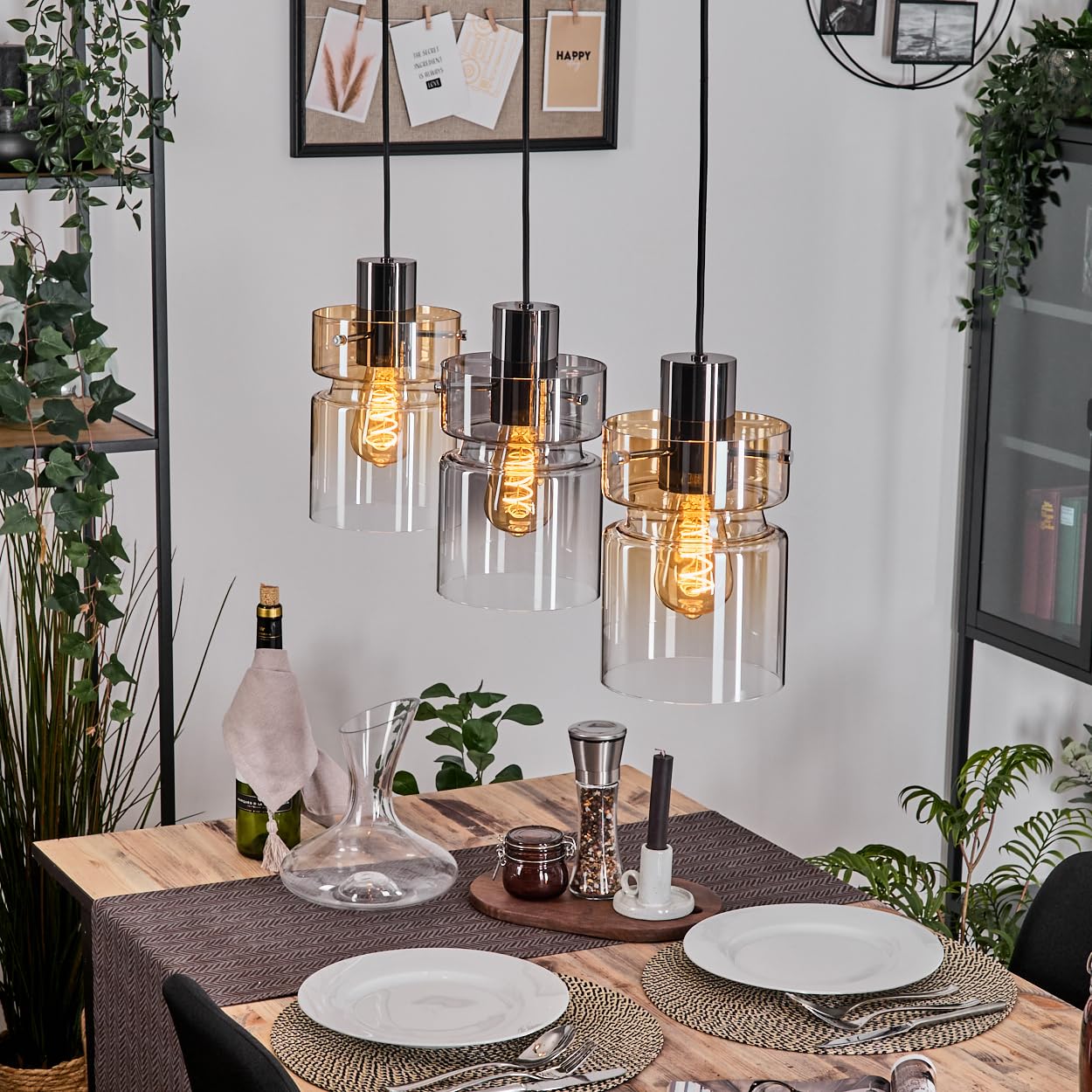 HOFSTEIN Hasvik Pendant lamp, 3-Burner Metal/Glass Pendant lamp in Black/Chrome/Smoke/Amber/Clear, Vintage Design (Ø 15 cm), E27, Adjustable Pendant lamp 150 cm, Dining Room, Living Room, Kitchen