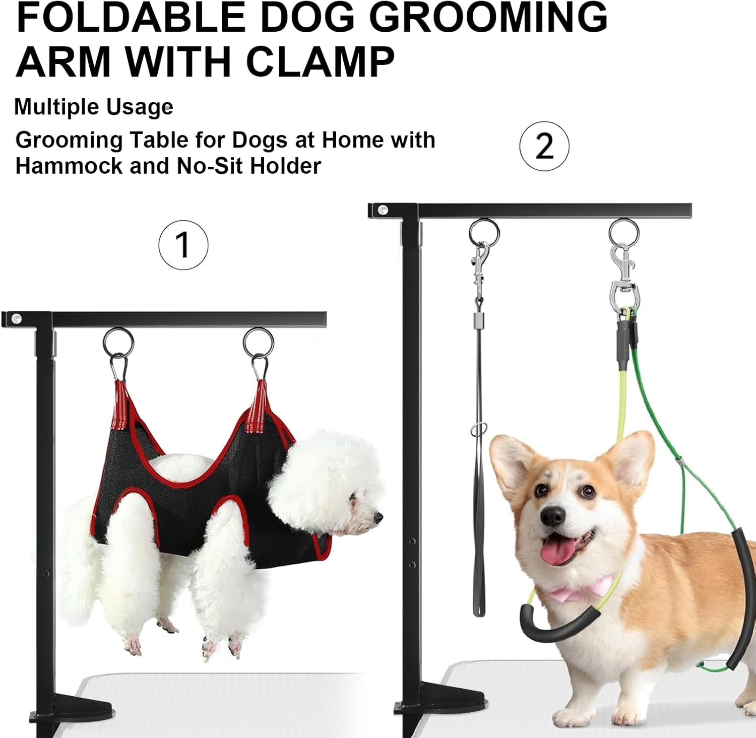 foldable dog grooming arm with clamp, adjustable height 18"-30", grooming table for dogs at home with hammock and no-sit holder, dogs grooming table for small medium dog at home or pet store