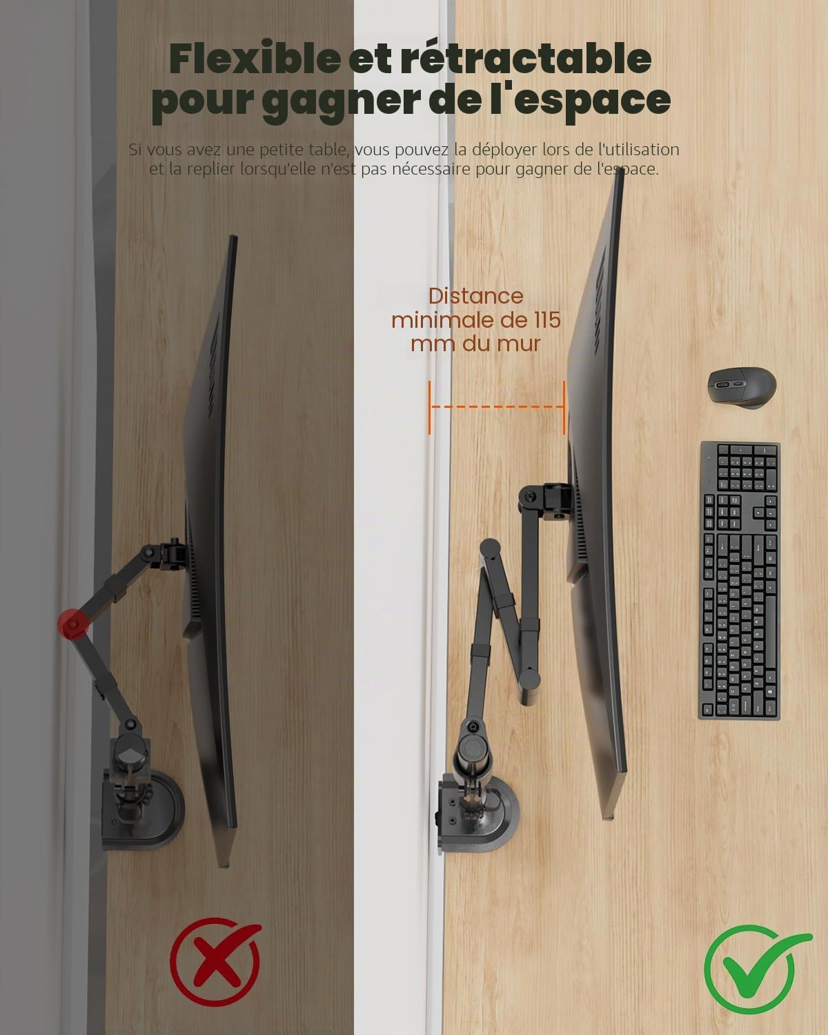 PUTORSEN 17–32 Pouces Support d'écran de Bureau - Bras Extra-Long de 711 mm, 115 mm Distance Minimale par Rapport au Mur avec Pliage Flexible, Charge Max. 9 kg, VESA 75/100 mm