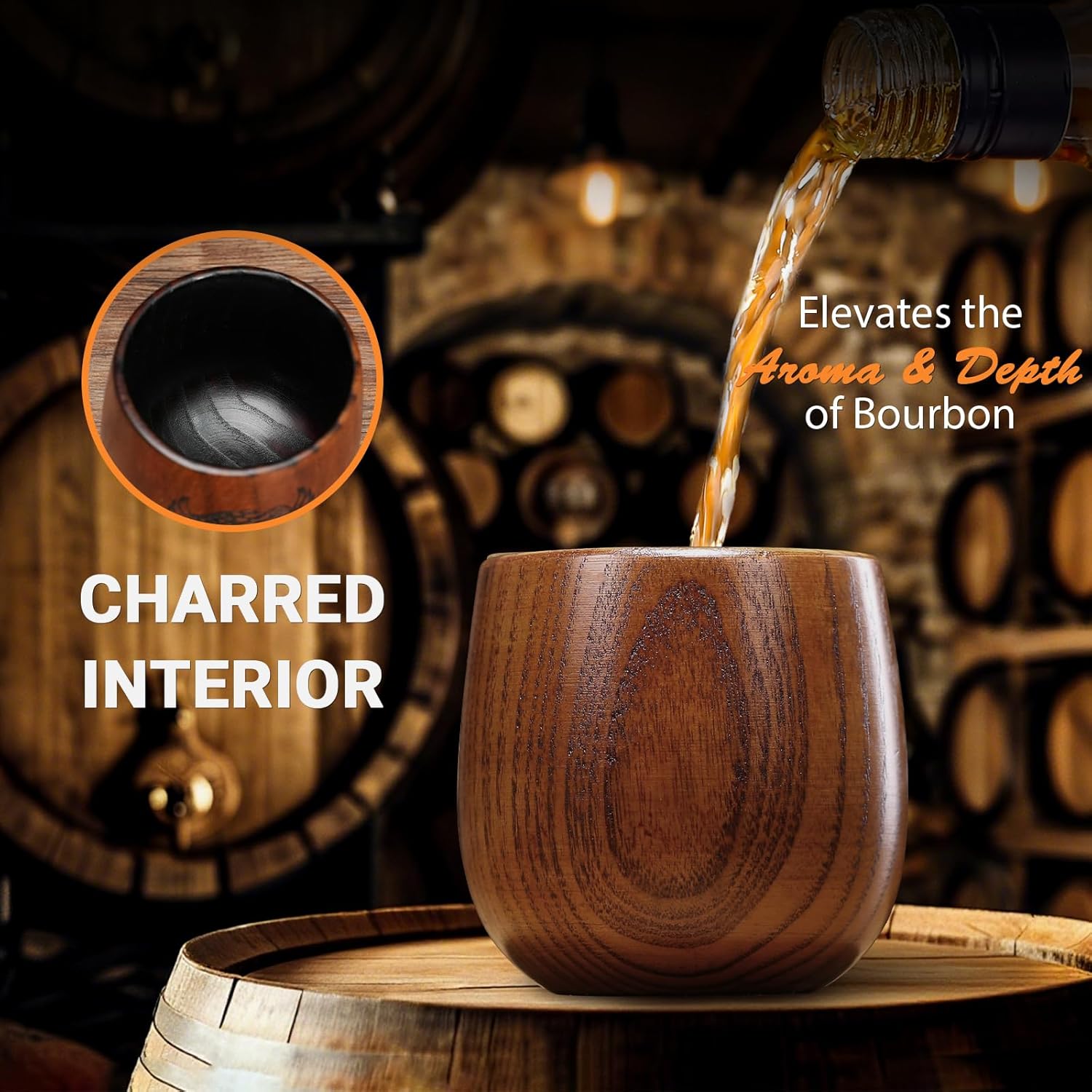 Charred Wooden Bourbon Drinking Glass,Wooden Whiskey Glass, Bourbon Drinking Glasses, Wood Whiskey Cup, Birthday Retirement Whiskey Gift Set for Men,with 6 Stainless Steel Ice Cubes and Tongs - Image 3