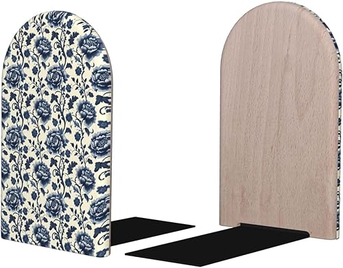 Book Ends for Shelves 1 Pair - Retro Blue Flowers Print Wood with Metal Base Bookends for Heavy Books, Book Stand Organizer Holder for Books Movies