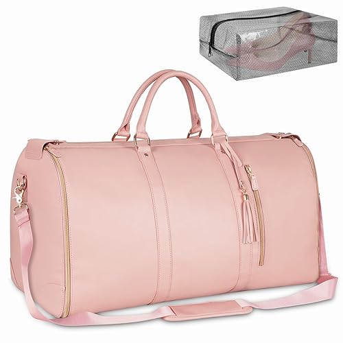 Ytonet Garment Duffle Bags for Travel, Convertible Carry On Garment Bag for Women, Large PU Leather Foldable Travel Bag with Shoe Pouch, 2 in 1 Hanging Suitcase Dress Suit Travel Bags, Pink - Pink - Tote