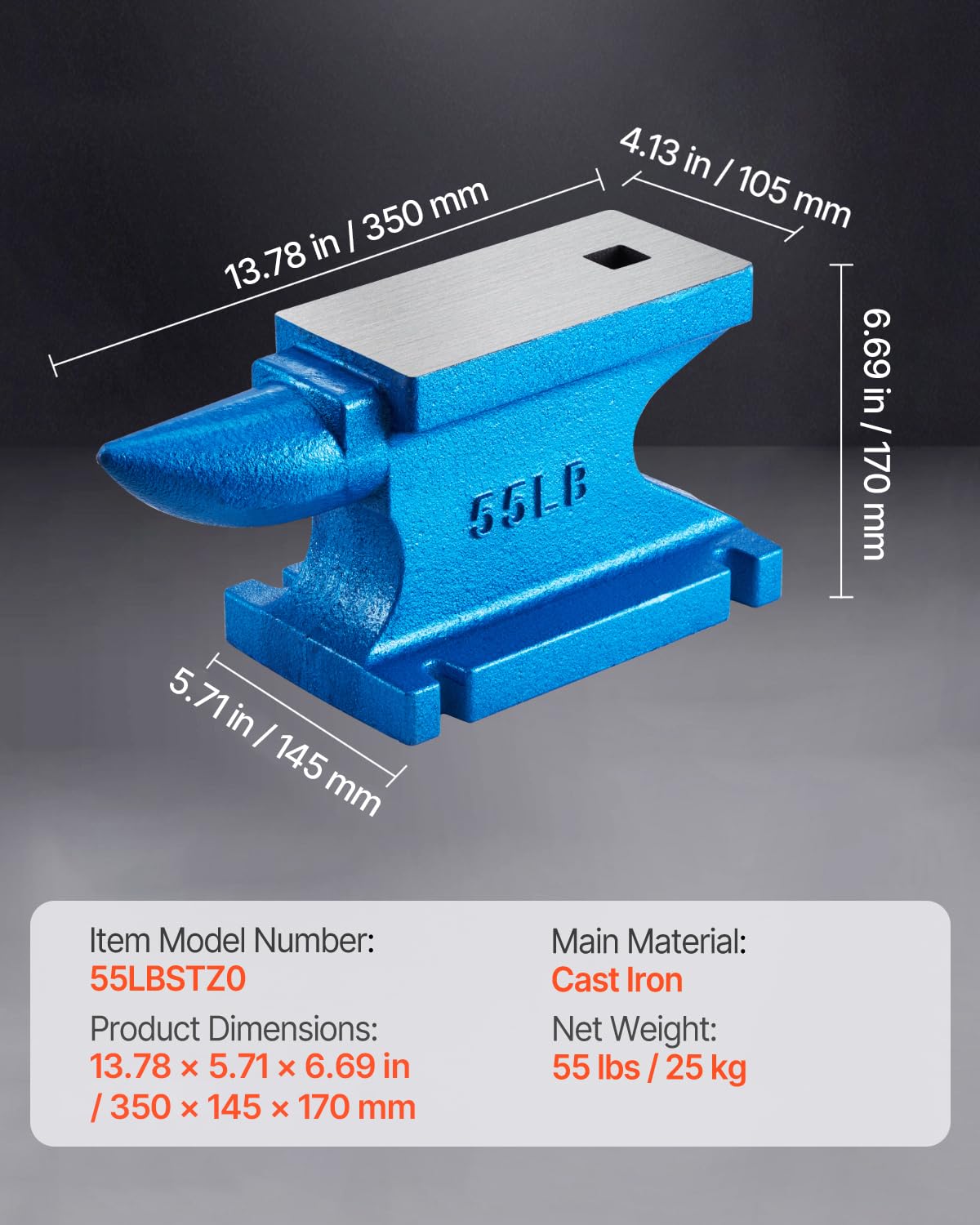 VEVOR Kowal kowal 55 funtów (25 kg) jednoczęściowe żelazko z kwadratowymi otworami idealne dla metalurgów i kowali w warsztacie metalowym oraz do nitowania, spłaszczania kucia i formowania metalu