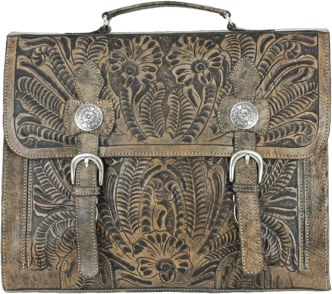 American West Hand Tooled Handcrafted 100% Genuine Leather Multi-Compartment Briefcase for Men and Women