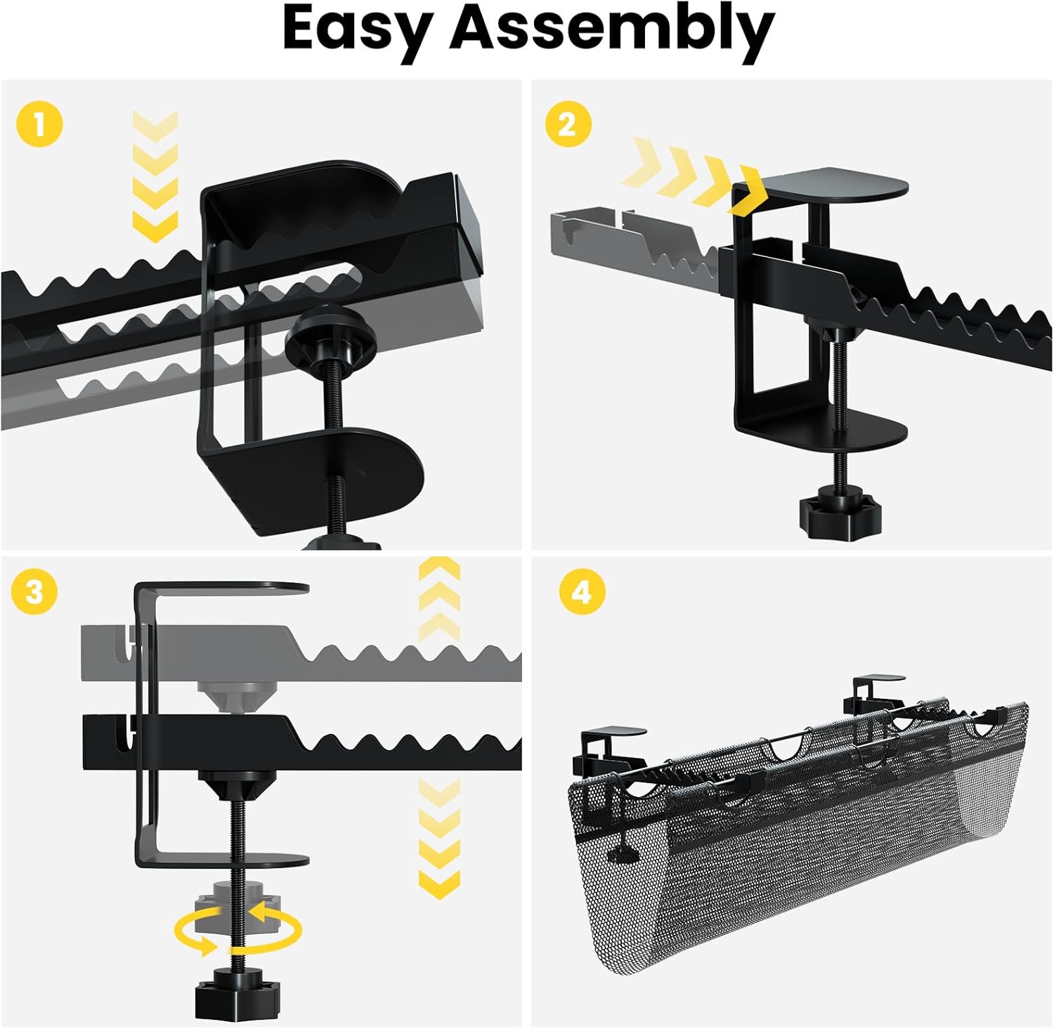 Image showing all components included in the PUTORSEN Cable Management Net package: the mesh net, two clamp brackets, and cable ties.