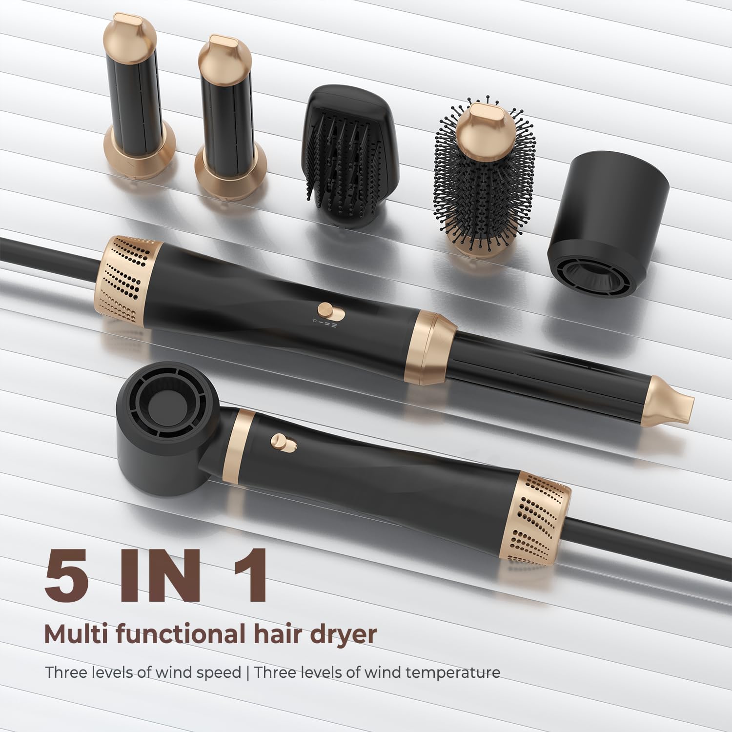 Kit de coiffeur 5 en 1 - 1000 W - Brosse ronde - Brosse à air chaud multifonction avec fer à friser automatique - Lissage négatif