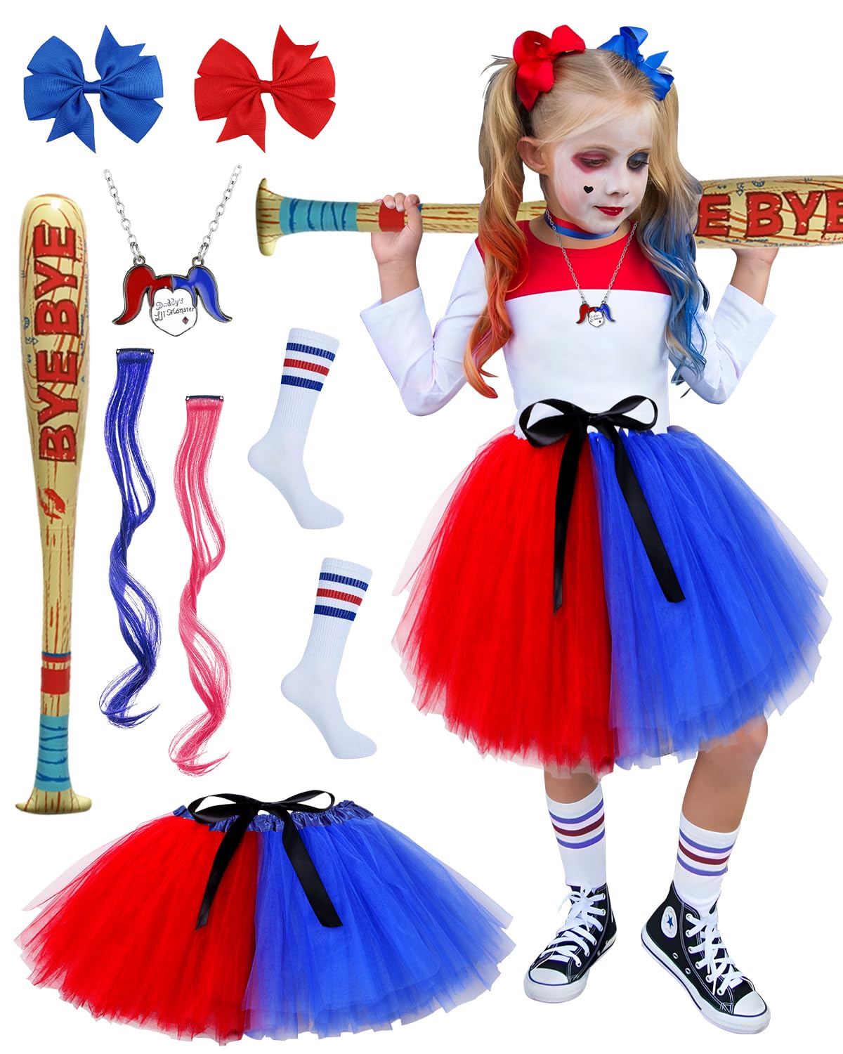 Disfraz de Quinn para niños, Disfraz de Cosplay Quinn, falda de tul con lazo para el pelo, bate de béisbol inflable Paquete de pelo Calcetines Disfraz de payaso para niñas Halloween Carnaval Cosplay