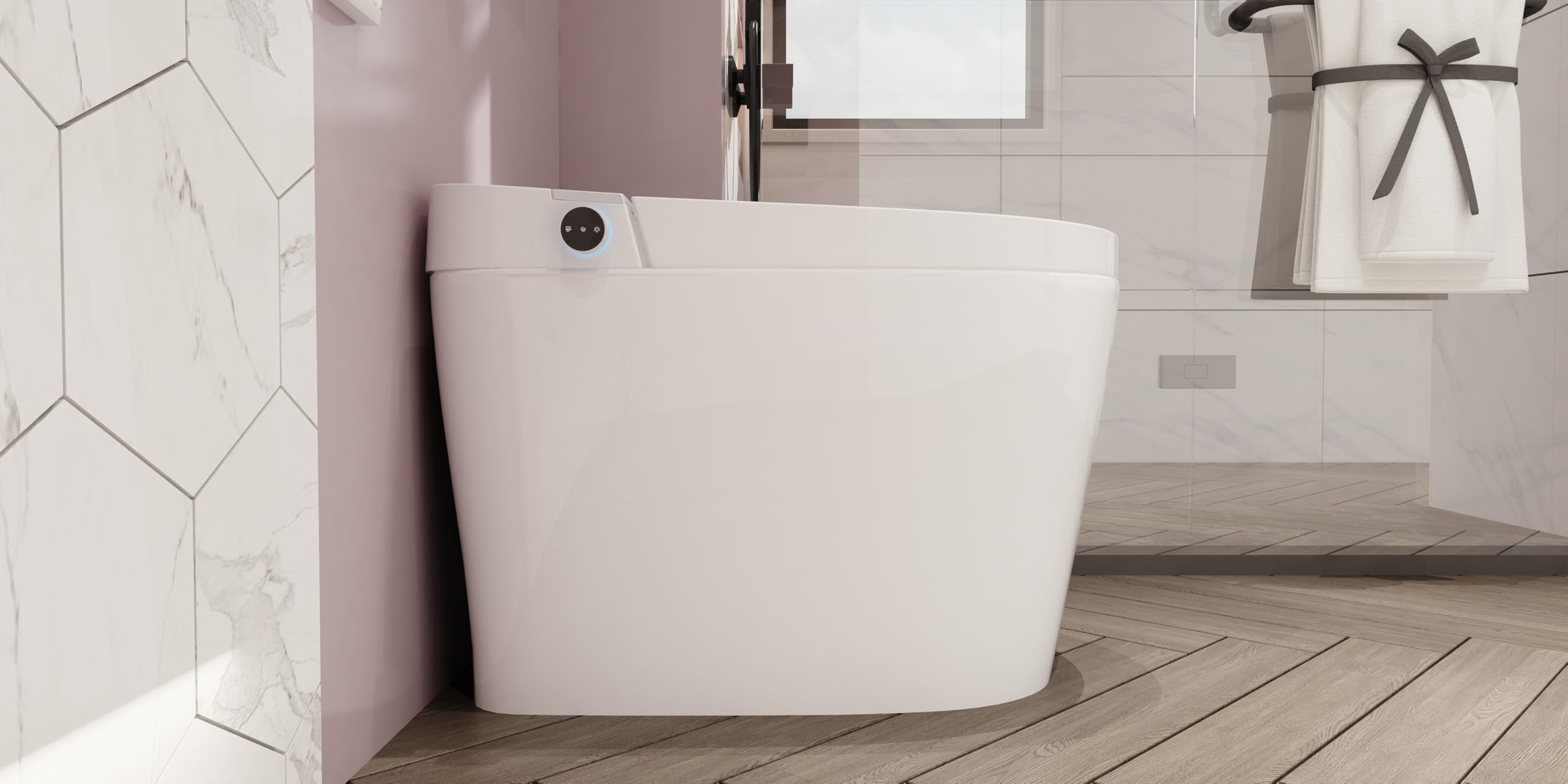 MEJE Inodoro automático inteligente con asiento de inodoro con calefacción, doble descarga integrada, drenaje de pared, lavado de pies, calefacción de asiento, mando a distancia, luz nocturna, color