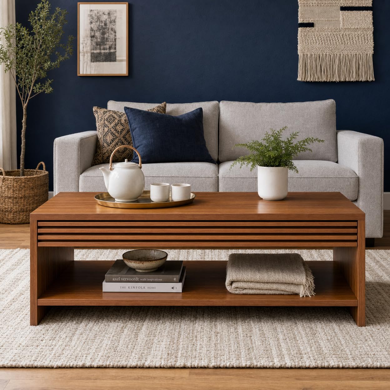 Raywud SLATO Engineered Wood Mid Century Modern Rectangular Coffee Table with Slatted Detailing & Open Storage Shelf | Centre Table for Living Room | 39.4 x 19.7 x 16.4 Inches (Exotic Teak)-image-47