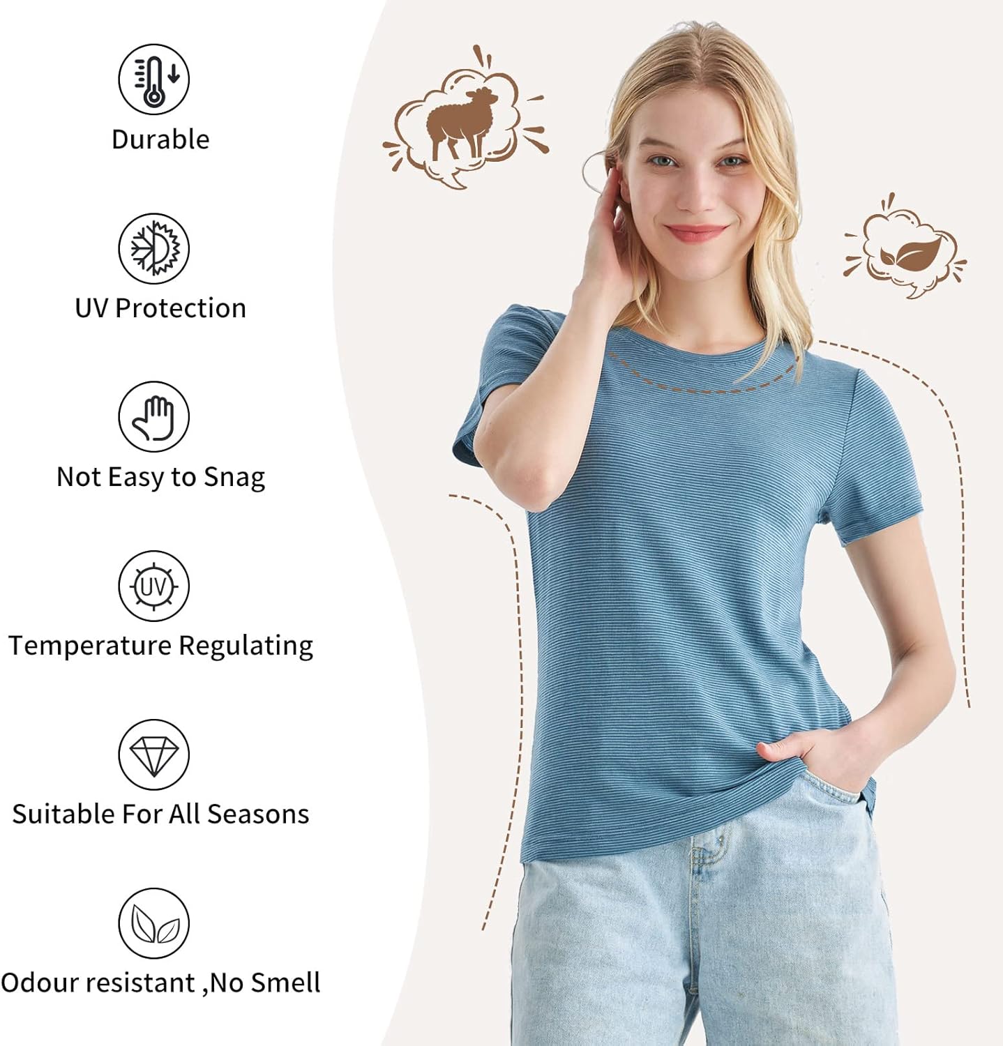 Merino Protect 100% Merino Wool T Shirts Women Crew Neck Tops Short Sleeve Odor Resistance Base Layer Travel Hiking Tee Shirt - Image 3