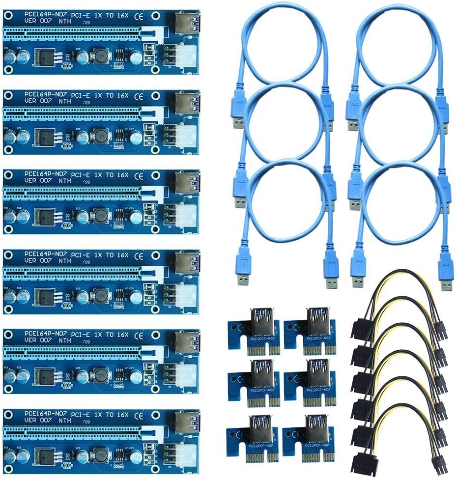 Leboo 6-Pack PCIE Riser 1X to 16X Graphics Extension for GPU Mining VER 007 PCI Risers Powered Riser Adapter Card w/ 60cm USB 3.0 Extension Cable & 6Pin PCI-E to SATA Power Cable (VER 007, 6-Pack)