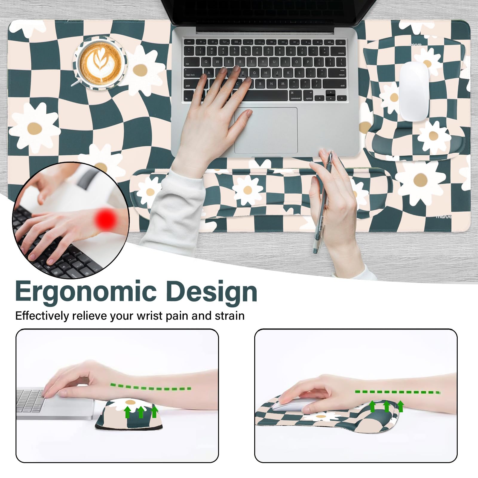 MOSISO Desk Mat Keyboard Mouse Pad Set, Large Gaming Mousepad&Keyboard Wrist Rest&Mousepad with Wrist Rest&Coaster, Wavy Checkered&Daisy Ergonomic Home Office Non-Slip Pad with Memory Foam, Blue
