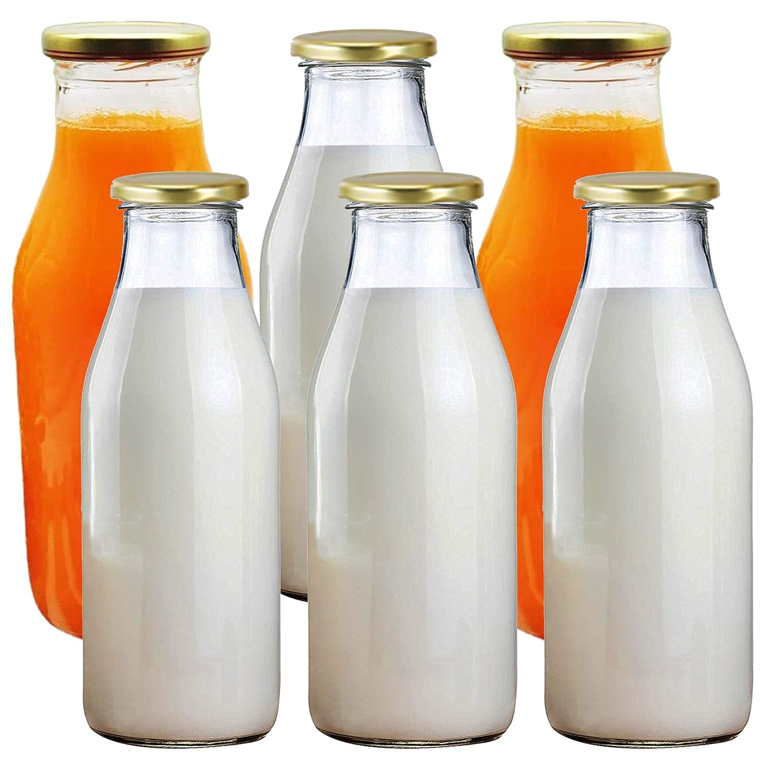 KWARE 500ml&300ml Retro Glass Milk Bottles with Gold Lids. For Homemade Milk and Yoghurts, Decoration and Weddings (300ml Set of 6)
