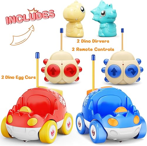 Miniatura 5 de Paquete de 2 autos de juguete de dinosaurio a control remoto para niños de 2, 3, 4, 5 años, autos de carreras para niños, juguetes de automóvil RC