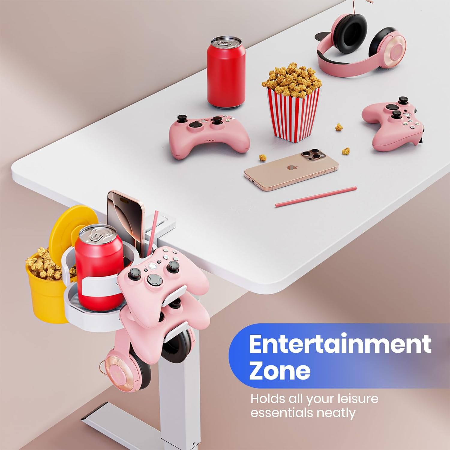 7-in-1 Cup Holder - EURPMASK Desk Organizer with Headphone, Controller Holder, Snack Bucket, and Phone Holder, Clamp-On Desk Accessory with Sturdy Large Storage, Easy to Install, White