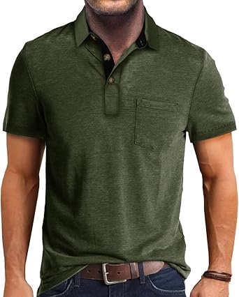 Men Short Sleeve Polo Shirt Classic Fit Soft Cotton Pocket Button Placket Collar Casual Top