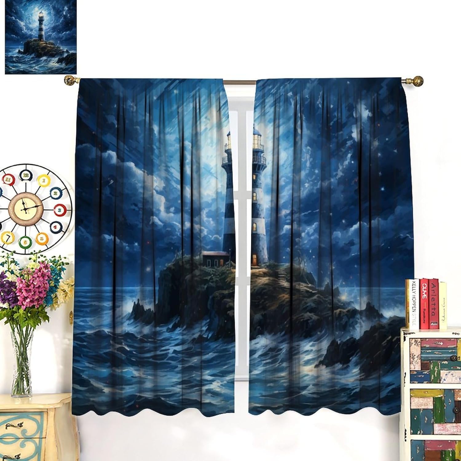 Lighthouse Curtain Beautiful Blue Starry Sky Sea Wave Lighthouse Blackout Print Rod Pocket Window Drapes for Bedroom Living Room 42x45in