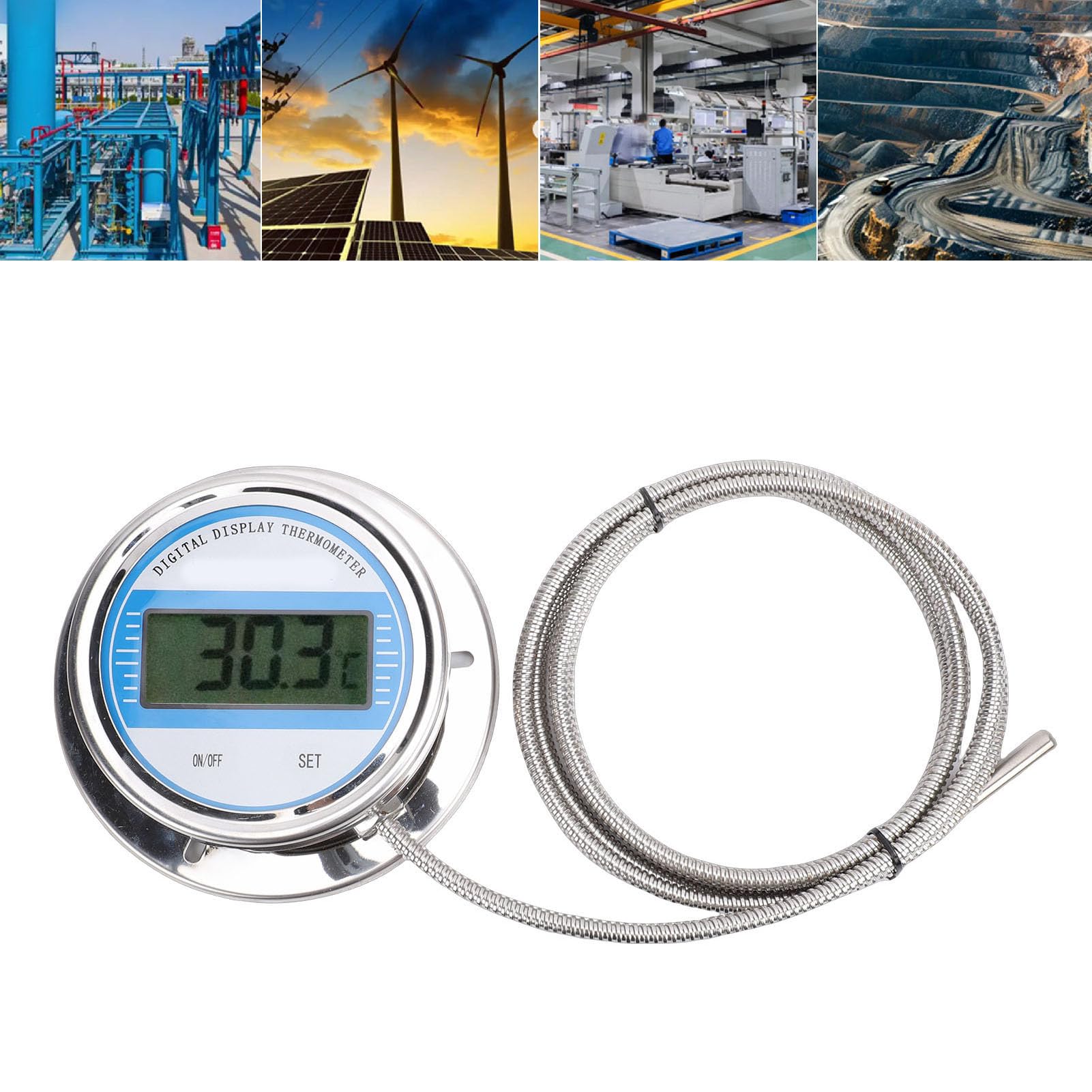 Eujgoov Termometro Digitale Ad Alta Precisione da -50 a 200°C, Indicatore di Temperatura in Acciaio Inossidabile con Sonda Filettata e Cavo da 1 Metro, per Tubi di Caldaia per Cottura