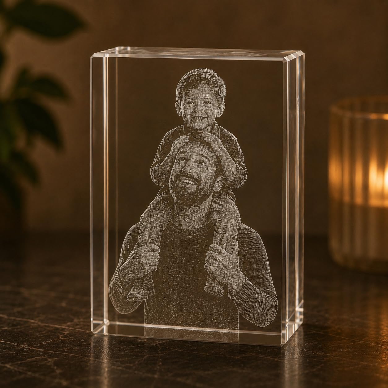 2.5D Kristall mit Foto, Foto Würfel mit LED-Sockel – Personalisiertes Kristallfoto aus K9 mit Lasergravur, Geschenk für Mama, Papa & Paare