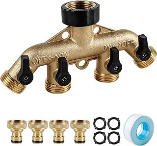 EXLECO Distribuidor de Agua Latón 4 Vías G3/4" con Adaptador 1/2", Llave de Paso Independiente, Mando Metálico, Conexión para Grifo Jardín, Lavadora, Manguera, Repartidor con Válvula Bola para Riego