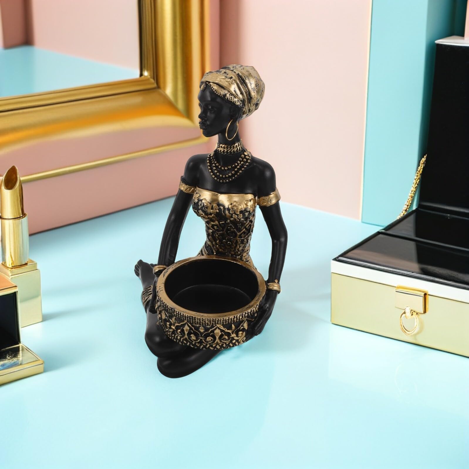 TOYANDONA Bandeja para Joyas y Organizador de Tocador de Resina Figura de Mujer Africana, Soporte Decorativo para Accesorios y Pendientes, Bandeja Pequeña para Almacenamiento en Hogar