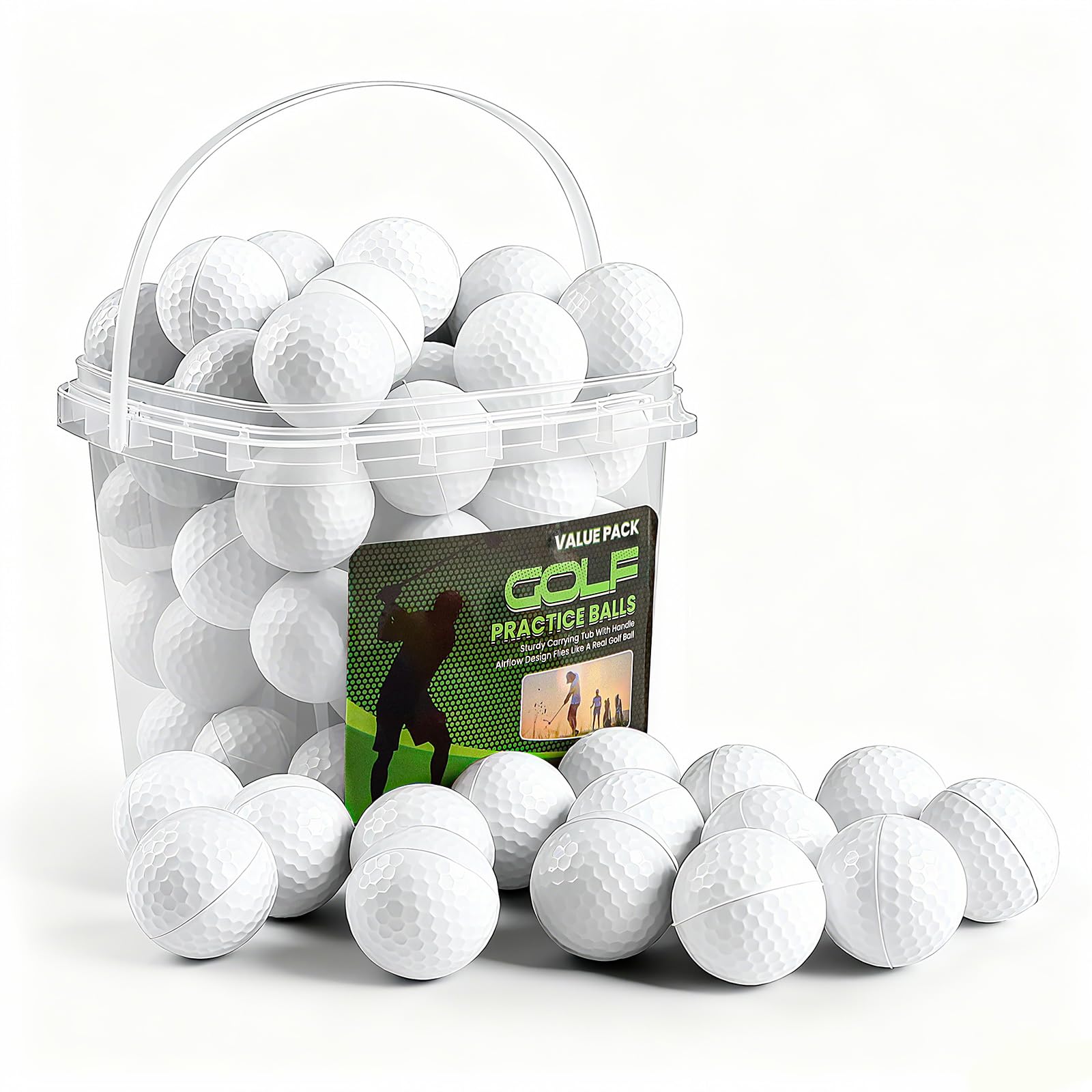 FINGER TEN Golf Practice Balls Foam Colored Value 50 Pack with Bucket, Golf Ball Lightweight Limited Flight for Men Women Driving Range Backyard Training (White)