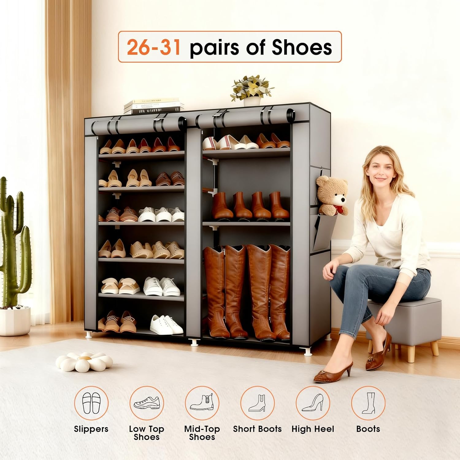 Double Row Shoe Rack with Cover,6-Tier Shoes Stand Holder Shelf 30 Pairs, Large Capacity Shoe Organizer for Sneakers,Boots, All-Season Zapateras Storage Cabinet for Entryway, Closet (Gray)