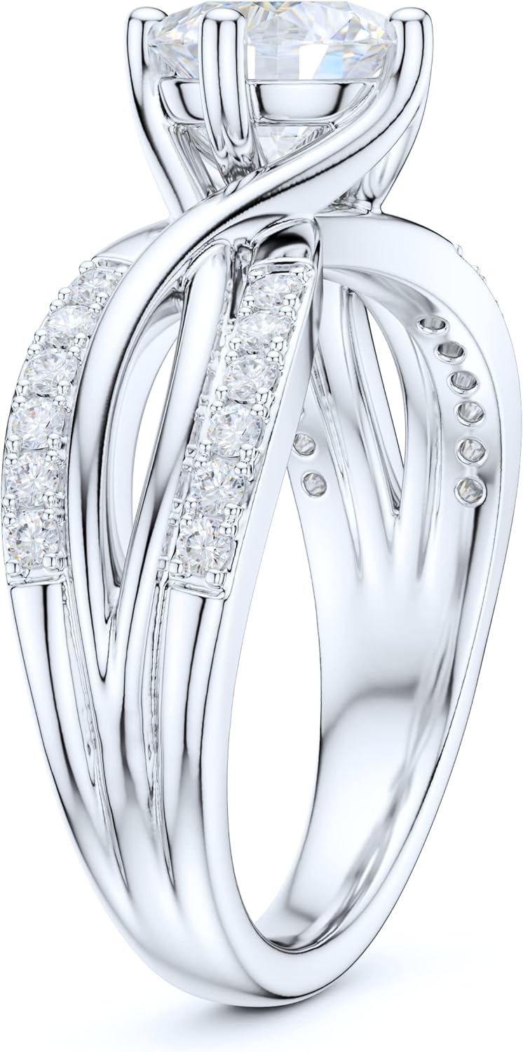 Sterling Silver Fancy Split Intersecting Infinity 1CT Simulated Round Brilliant Cut Diamond or Genuine Moissanite Promise Engagement Ring
