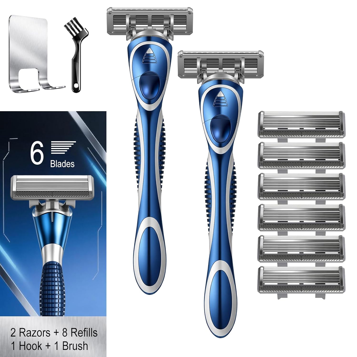 6-Blade Manual Razor for Men with Lubricating Strip, 2 Ergonomic Non-Slip Handles Includes 8 pack Razor Blade Refill Cartridges, with Hanging Hook & Cleaning Brush, Full Washable Dsign