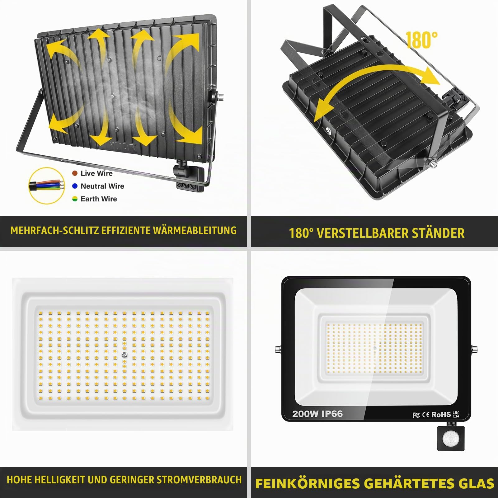 RIGIDON Led Strahler mit Bewegungsmelder Außen, 200W 20000LM 3000K Warmweiß | IP66 Wasserdicht Außenstrahler Scheinwerfer Fluter Flutlicht Aussenlampe für Garten Garage Innenhöfe Sportplatz, Ohne Stecker