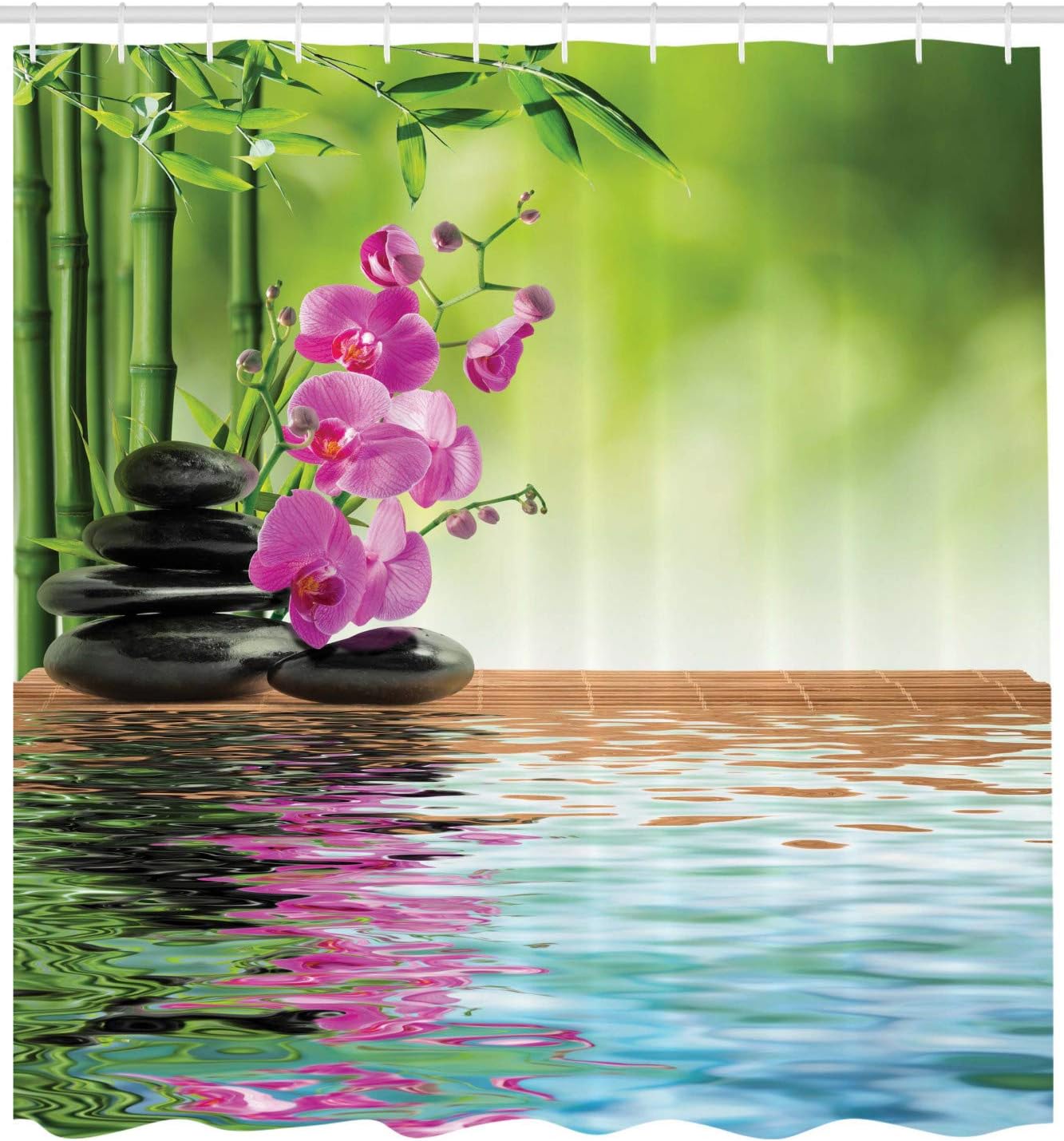 Ambesonne Spa Shower Curtain, Orchid Flowers Pebble Stones and Bamboo on Water Image, Cloth Fabric Bathroom Decor Set with Hooks, 69" W x 75" L, Fern Green Fuchsia
