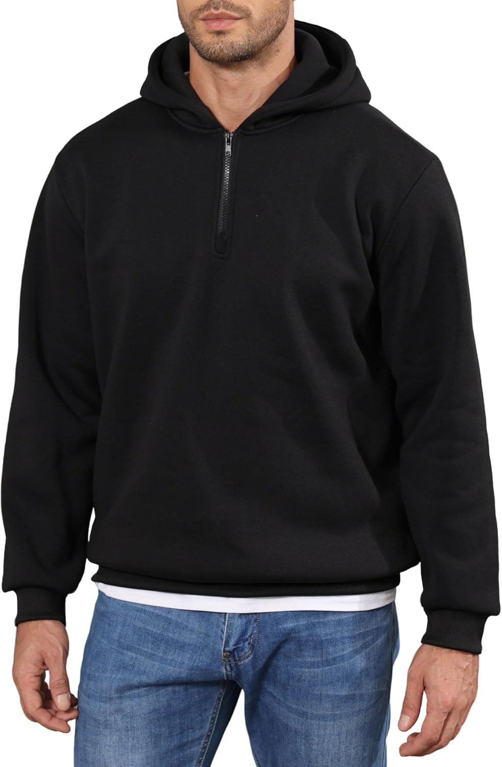 Men Quarter Zip Hoodie Fleece Lightweight Mens Half Zip Pullover Long Sleeve Drop Shoulder Hooded Sweatshirt