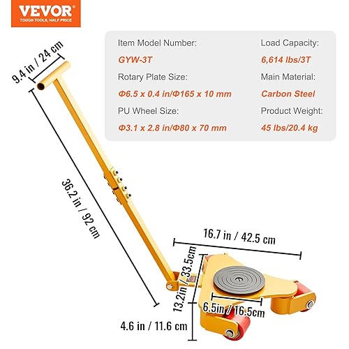Miniatura 7 de VEVOR Machinery Skate Dolly, 6614 LBS3T Industrial Mover con asa, acero al carbono moviendo 3 ruedas giratorias de poliuretano de 360, tapa