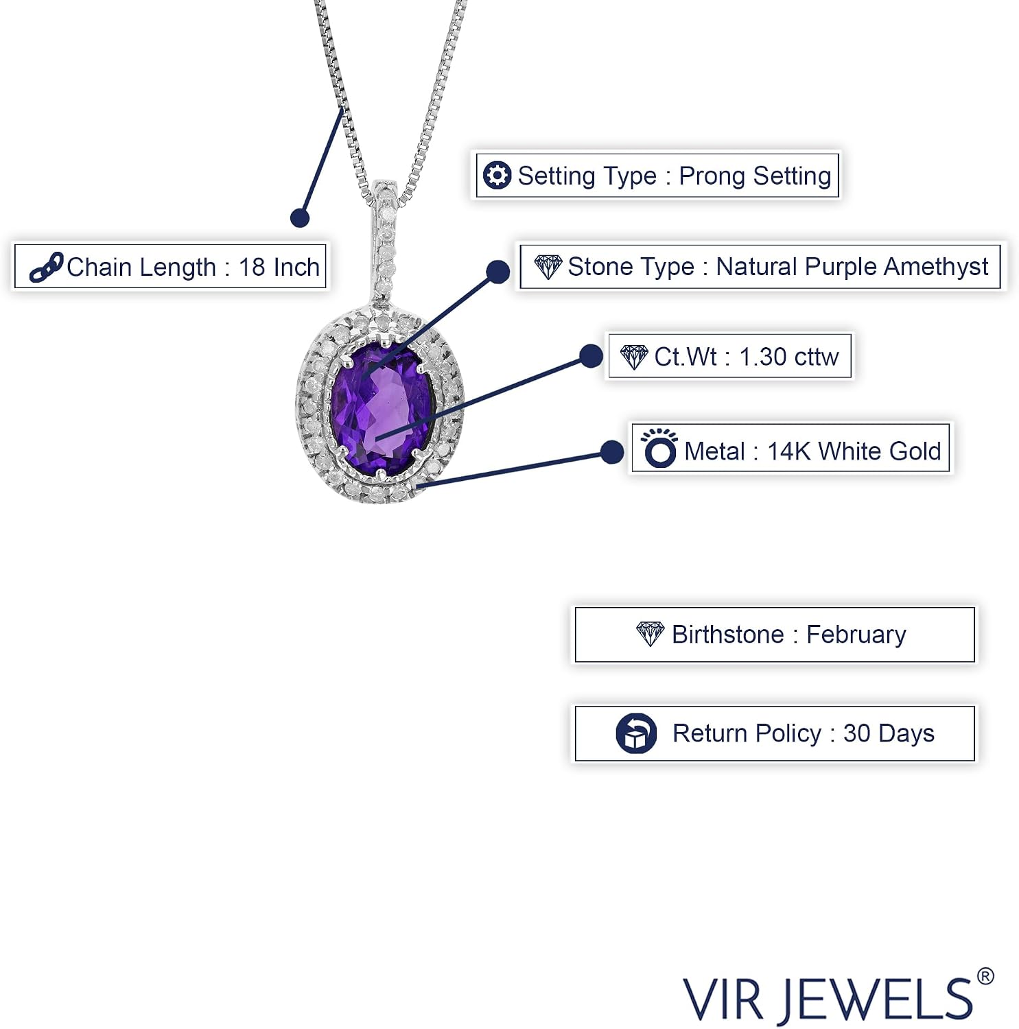 VIR JEWELS 1.30 cttw Diamond Pendant, Amethyst and Diamond Pendant Necklace for Women in 14K White Gold with 18 Inch Chain, Prong Setting