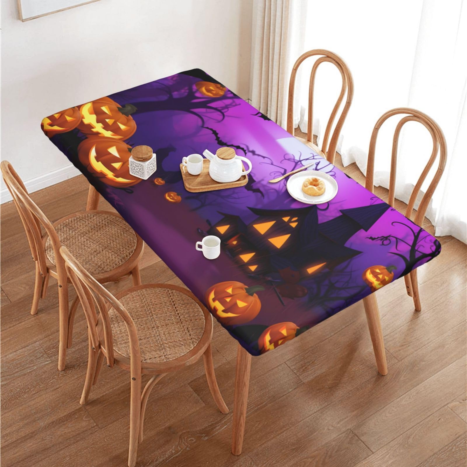 Zelamiee 4ft Fitted Tablecloth Well Elastic Halloween Pumpkin Rectangle Table Cover 30x48 Inch Decor Indoor Outdoor for Home Picnic Party