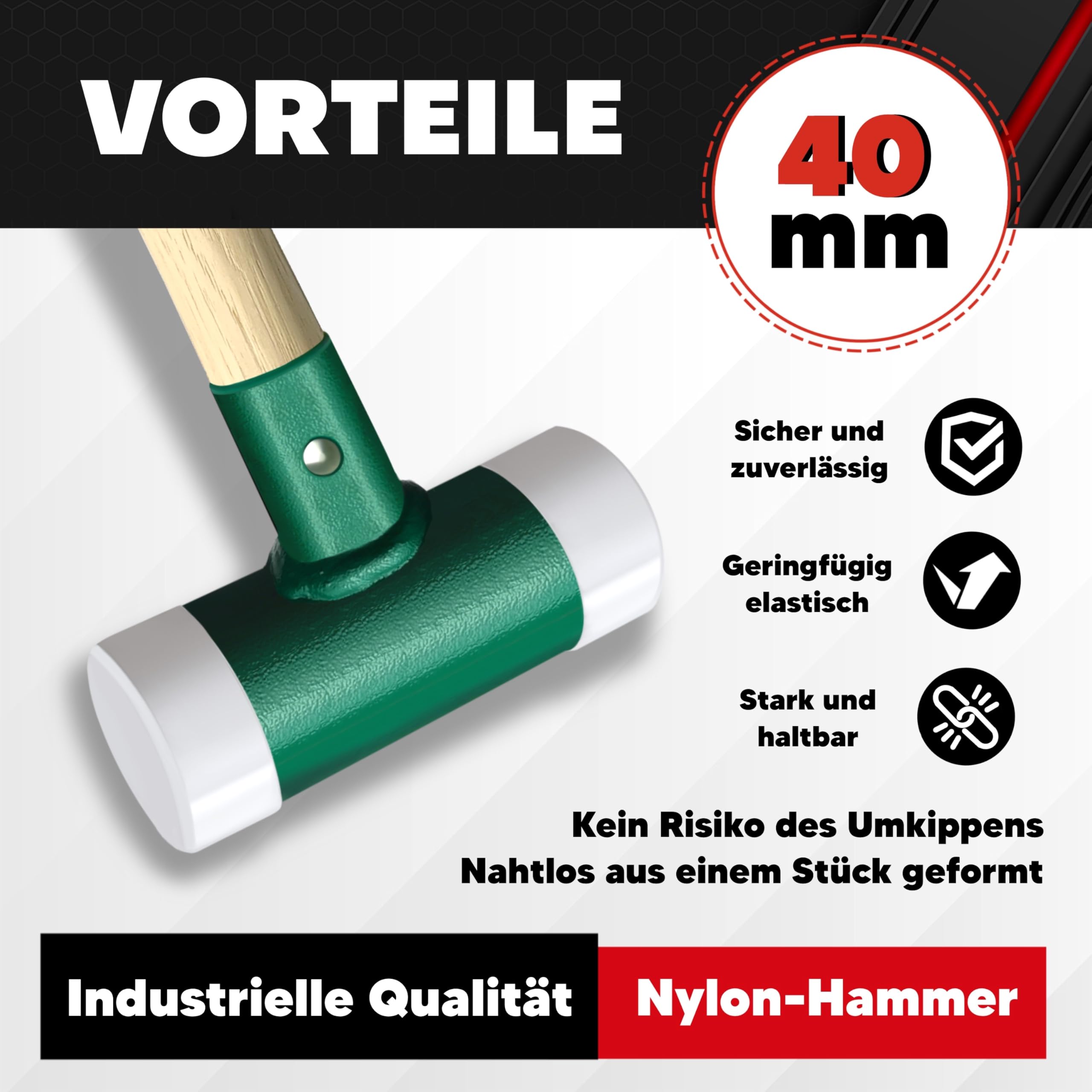 C&T Martello di protezione, martello di protezione senza contraccolpo, battente morbido, diametro 40 mm, manico in legno con testa in nylon intercambiabile per manutenzione e montaggio, 40 mm, manico