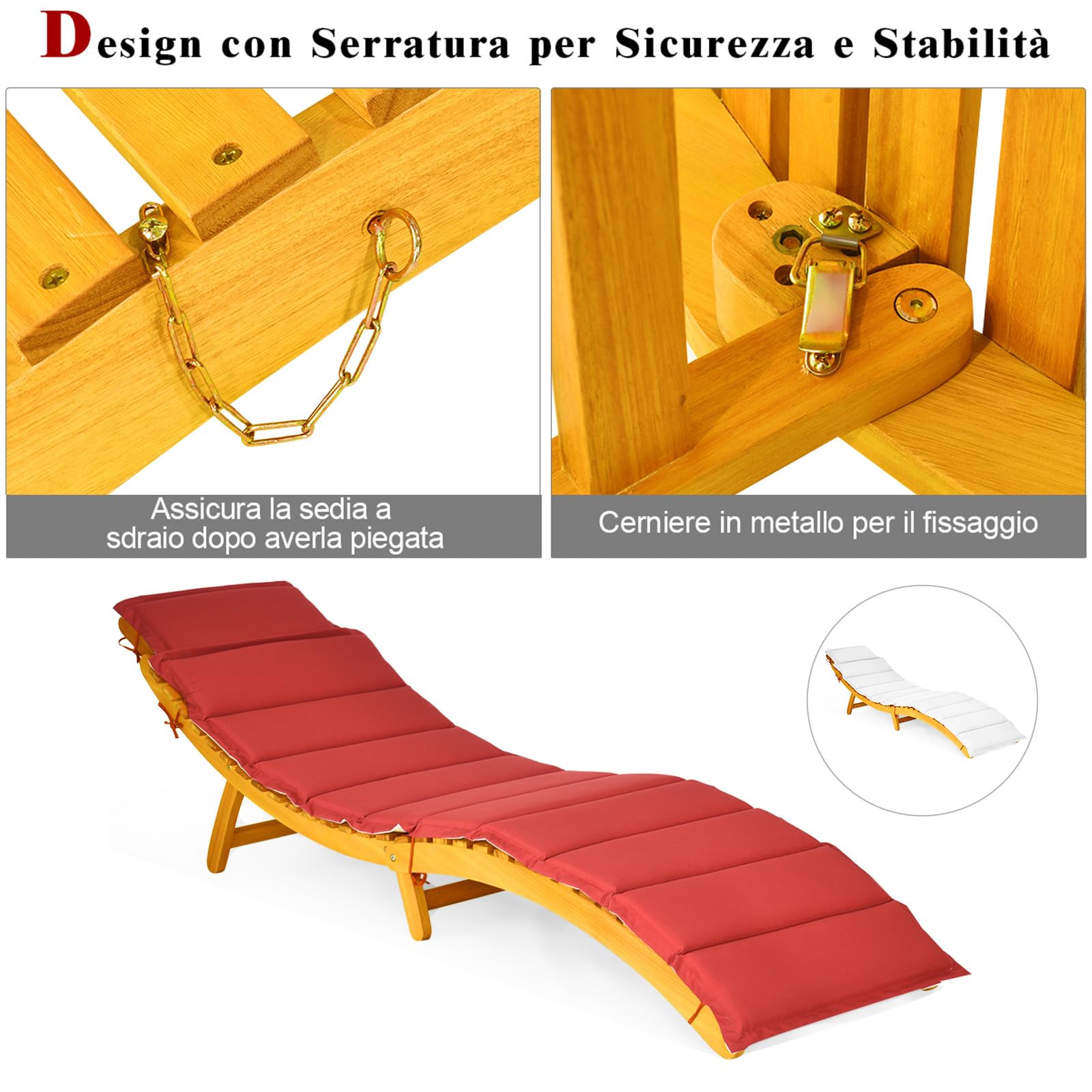 COSTWAY Lettino Prendisole Pieghevole per Giardino, Sedia a Sdraio Pieghevole da Esterno in Legno, Lettino da Esterno con Cuscino per Giardino, Prato, Cortile, Portata 180 kg, 190 x 55 x 52 cm (1)