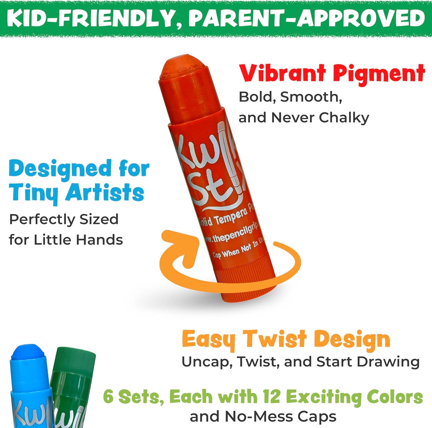 Kwik Stix Solid Tempera Paint Sticks - 6-Set of 12-Pack (72 Total) - Washable, Quick-Dry (90 Sec), Non-Toxic, Allergen-Free, ASTM Certified Art Supplies, Mess-Free Twist & Paint for Kids & Classrooms