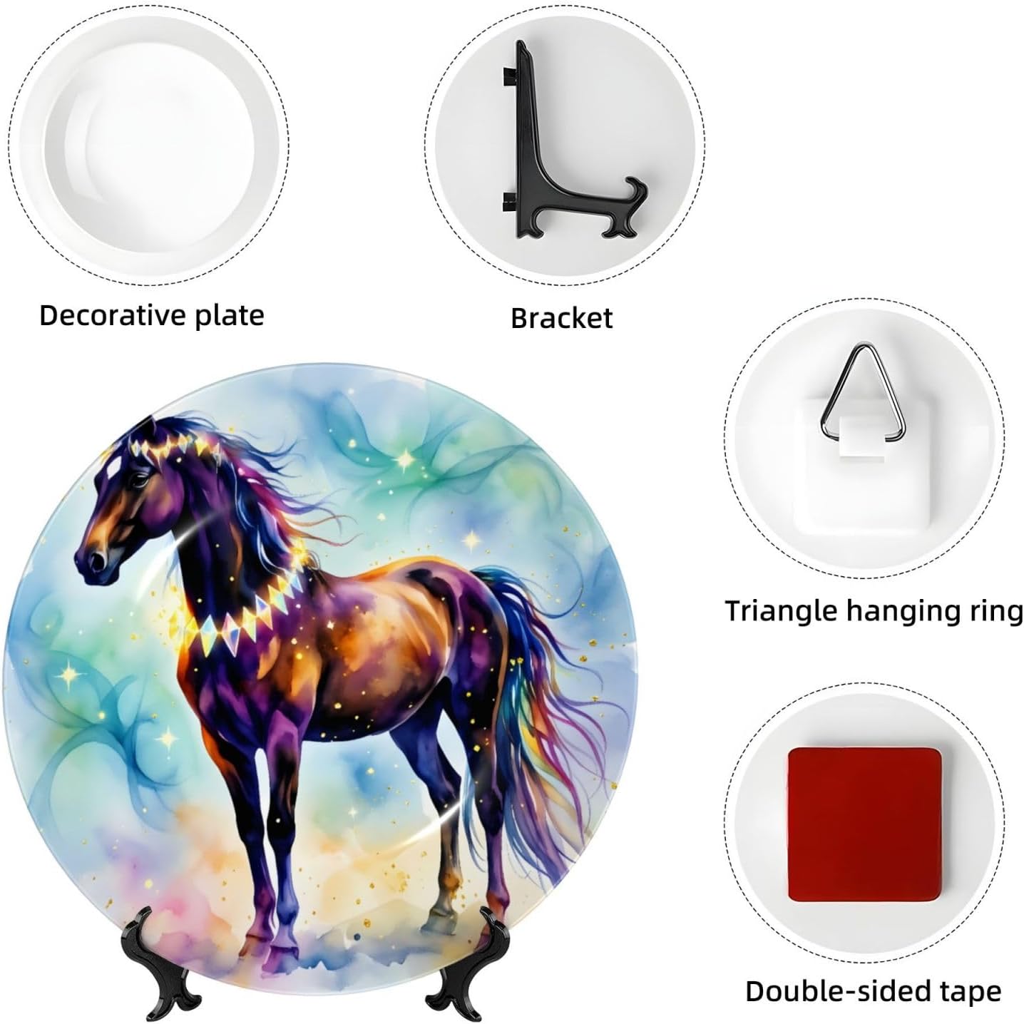 Rainbow Horse Magic Style Ceramic Plate Display Decorative Plate With Stand Wall Hanging Plate For Home Decor 10 Inch